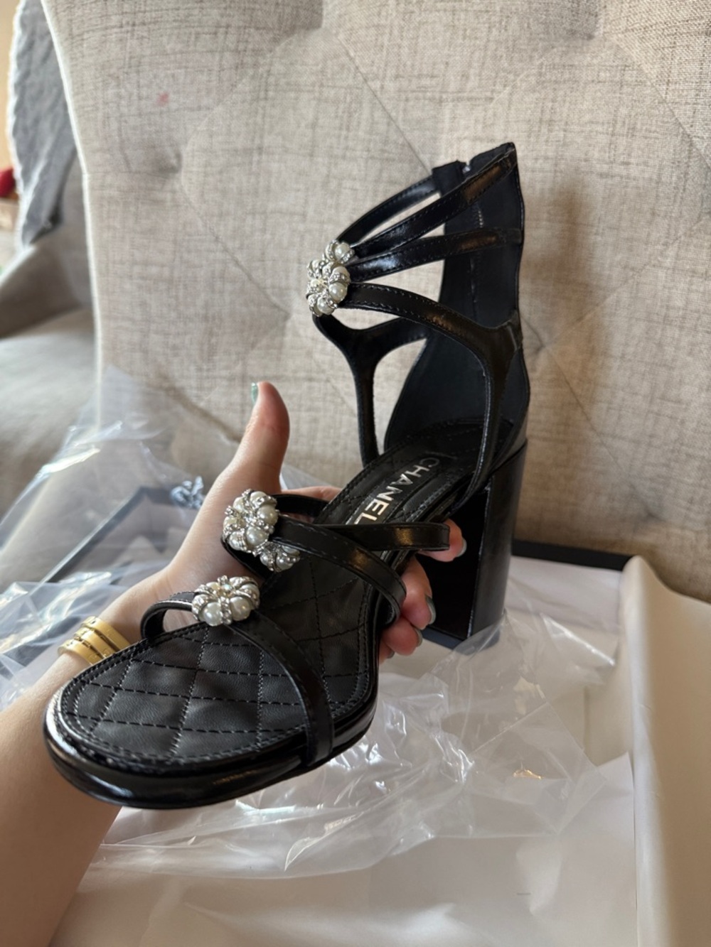 CHANEL Black Quilted Leather Pearl-Embellished Block Heel Sandals